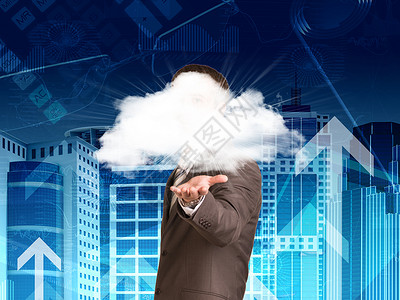 云朵形对话框穿西装的商务人士抓住云朵饼形办公室日程插图图表光束人士男人头发眼镜背景