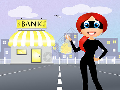 女小偷银行工作服务女孩卡通片插图金子职业诚实硬币背景图片