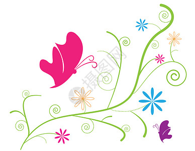 鲜花和蝴蝶蓝色粉色花朵生活漩涡绿色橙子紫色生长背景图片