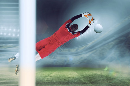 足球精神红色跳跃中的守门员综合图像计算机球衣男性扇子精神人群男人运动数字白色背景