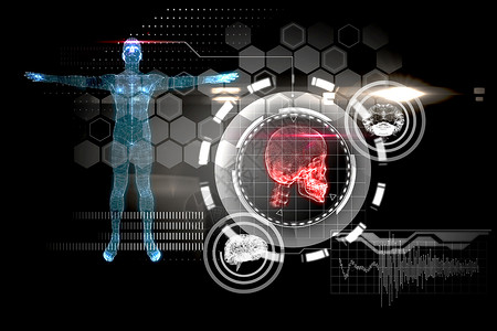 蓝色和黑色医疗接口数字绘图电脑生物学插图身体计算机未来派颅骨红色背景图片