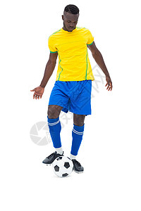 蓝色球衣足球运动员在黄色踢球运动服黑色播放器男性球衣男人世界闲暇团队齿轮背景