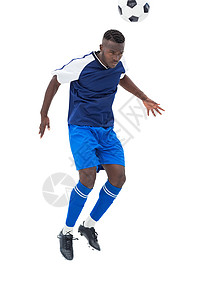 蓝标题球足球选手男人球衣跳跃活动闲暇杯子男性黑色运动员运动服背景图片