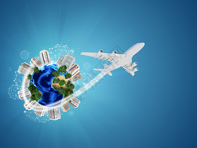 行星轨迹地面上有建筑物的地球 飞机和网络图标绿色建筑平面气球世界土地摩天大楼运输轨迹植物背景