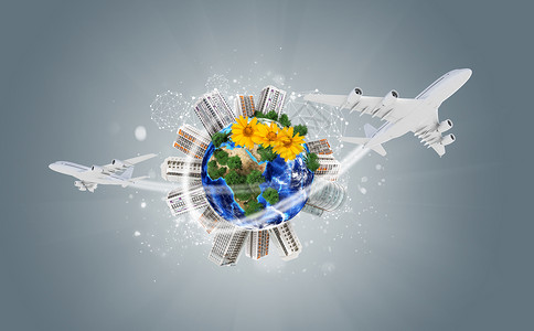 地球平面素材地面上有建筑物的地球 飞机和网络图标土地摩天大楼平面建筑植物气球运输绿色世界轨迹背景