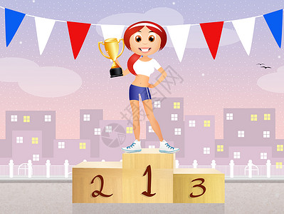 在讲台上的女童插图庆典快乐杯子健身房勋章微笑运动跑步女士背景图片