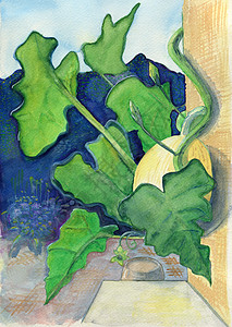 南瓜绿色艺术品墨水黄色水彩升华手工绘画紫色树叶背景图片