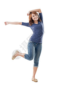 亚洲年轻女孩 兴奋的亚洲青年女孩工作室微笑舞蹈闲暇快乐优雅享受女性幸福头发背景图片