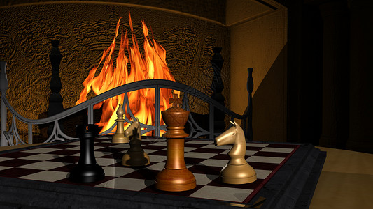 游戏与火素材壁炉前的棋类游戏插图背景