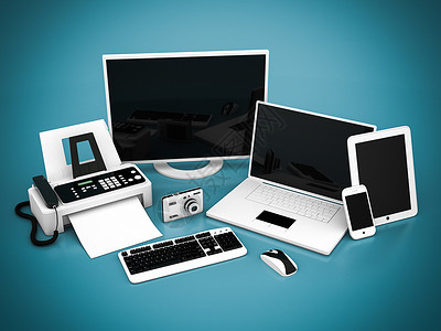 笔记本电脑 平板电脑和智能手机空白商业灰色电话网络桌子老鼠键盘屏幕传真机背景图片