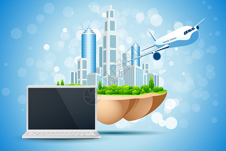 具有商业城笔记本电脑和飞机的蓝色背景背景