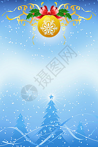 过年蓝色华丽新年贺卡图片圣诞节背景滚动丝带树叶橙子插图浆果星星艺术新年假期背景