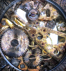 内部时钟工作金属技术旋转运动螺栓机械时间机器齿条轮钟表背景