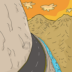 手绘马卡龙沙漠山崖上的道路背景