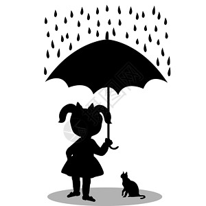 猫轮廓有一只猫在雨伞下的小姑娘背景