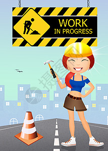 工作进展中的工作卡通片建设工人安全维修进步插图女孩网站危险背景图片