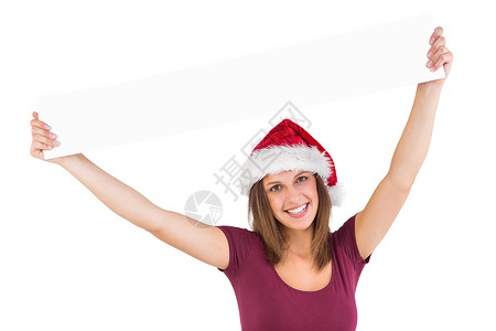女孩在头顶举着海报时站立起来头发时候广告牌微笑卡片红色白色喜庆空白棕色背景图片