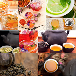 收集不同药用茶类混合混凝料健康作品拼贴画香气茶碗叶子草本植物植物桌子芳香背景图片