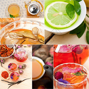 收集不同药用茶类混合混凝料茶碗芳香水果饮料香气收藏作品桌子草本植物玻璃背景图片
