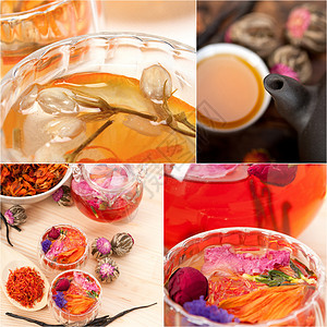 收集不同药用茶类混合混凝料收藏食物茶碗药品薄荷叶子花瓣杯子水果作品背景图片