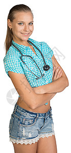 格子蕾丝边框脖子上有听诊器的女人照片女性牛仔裤蕾丝工作室短裤花边衬衫长发长度背景