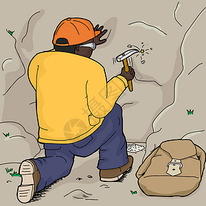 雨水收集利用利用岩锤的地质学家手绘成人背包地质学男性探索帽子样本石头标本背景
