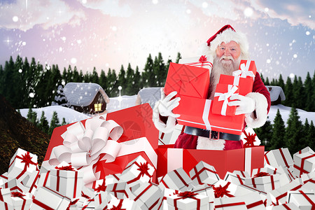 圣诞老人的复合图像 站在大礼上村庄枞树房子风暴喜庆男性雪花绘图森林计算机背景