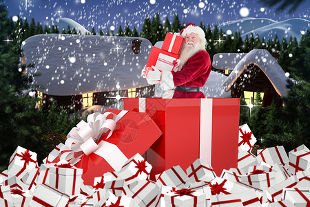 圣诞老人的复合图像 站在大礼上计算机假期天气村庄雪花男性绘图寒意风暴森林背景
