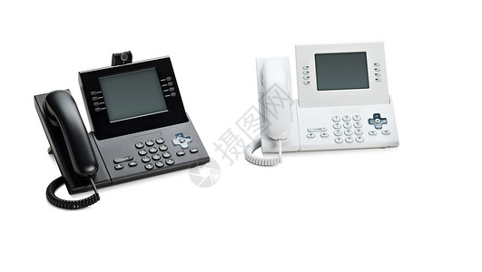 两台办公室IP IP电话 用液晶显示器在白色上隔离背景