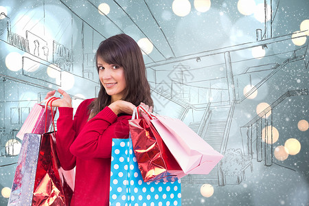 购物袋手绘面带微笑的黑发人拿着购物袋的复合图像头发开支购物购物狂棕色消费者辉光女性计算机圆圈背景