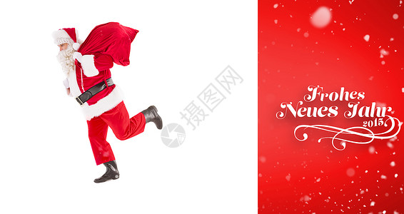 圣诞老人提麻袋圣达克萨斯与麻袋行走的复合图像男性假期脚本语言草书贺卡下雪新年字体胡须背景