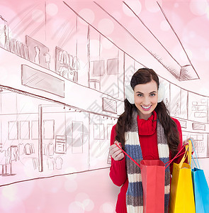 冬季衣着装袋购物袋的黑发色综合图象草图零售铅笔羊毛微笑建筑绘图购物狂购物中心棕色背景图片