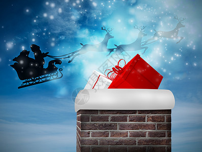 圣诞烟囱圣诞老人骑着雪橇飞翔的复合图像阳光寒意烟囱雪花星星跳跃跑步下雪驯鹿风暴背景