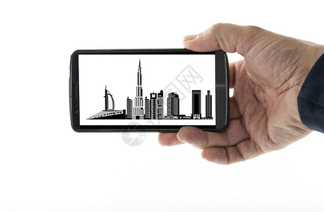 男性手用移动电话城市白色黑色展示建筑学电话房子广告屏幕地标背景图片