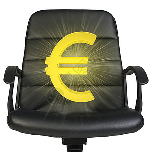 白欧元的标志站在椅子上 孤立于白色背景黑色皮革符号座位货币黄色金子办公椅扶手椅条纹背景图片