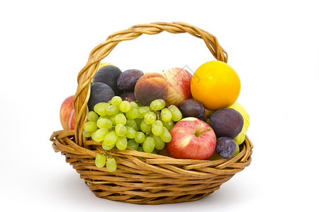 新鲜水果 篮子里有新鲜的果实食物农业黄色绿色柠檬橙子红色李子生态水平背景图片