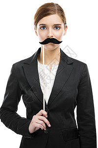 有胡子的漂亮美女人办公室先生金发女郎乐趣老师商务女孩成人工作商业背景图片