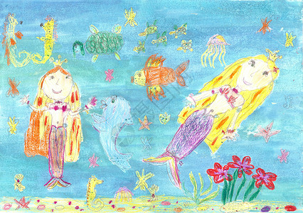 儿童画鱼素材美人鱼的绘画背景