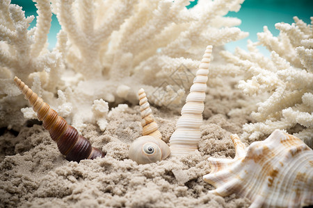 扇贝海星白色海滩珊瑚阳光星星纪念品宏观合唱框架背景图片