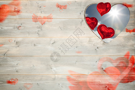 爱心模式的复合图像白色数字阳光情人蓝天计算机绘图太阳红色气球背景图片