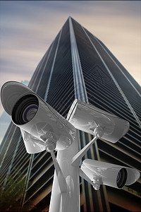 Ccctv 相机复合图像摩天大楼多云天空建筑拍摄监视商业城市安全阴影背景图片