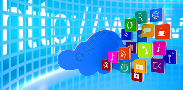 带有应用程序的云层复合图像绘图科技计算机辉光屏幕火花展示蓝色网站技术背景图片