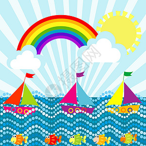 帆船卡通帆船和彩虹的卡通风景背景
