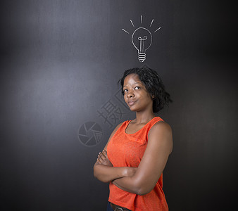南非或非裔美国女教师或女学生的光灯灯布人士灯泡思考商务思维智力教育大部分粉笔学生背景图片