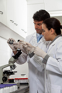 情侣在实验室做实验职业女孩管子财产工作科学男人科学家医生女性背景图片