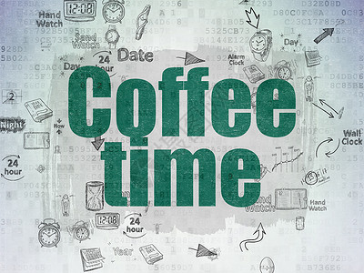 咖啡时间海报时间概念 用数字纸背景的咖啡时间历史日程程序软件展示数据白色代码灰色绿色背景