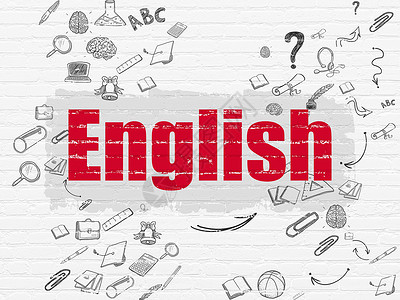 新概念英语教育概念英语背景墙上绘画灰色课程箭头研讨会学习黑色建筑红色白色背景