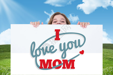 妈妈我爱你字体设计女性在海报上看最顶端的复合形象微笑农村金发女郎卡片红色快乐场地草地妈妈绿色背景