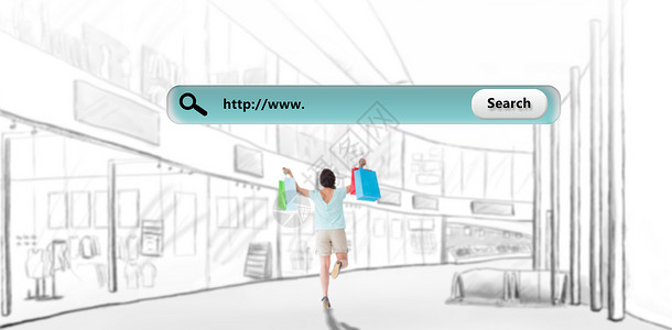 美红褐发与购物袋的复合形象棕色建筑互联网计算机网页草图技术短裤走廊购物背景图片