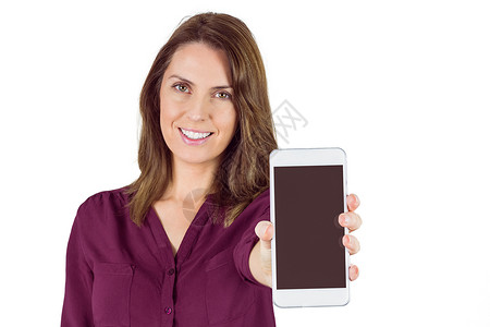 漂亮的黑发显示智能手机微笑技术屏幕女士服装快乐电话休闲衬衫女性背景图片